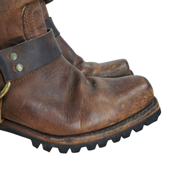 Frye Brown Leather Harness Pull On Moto Boots Size 8 Womens Heel Distressed - Picture 15 of 15